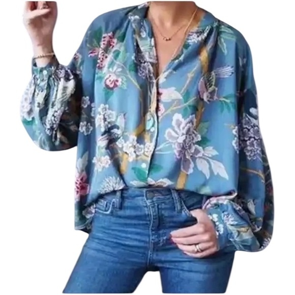 GP&J, H&M, NWOT, FLORAL BUTTON DOWN, BLOUSY SHIRT.BANDED, GATHERED COLLAR.SIZE 2 - Picture 1 of 10